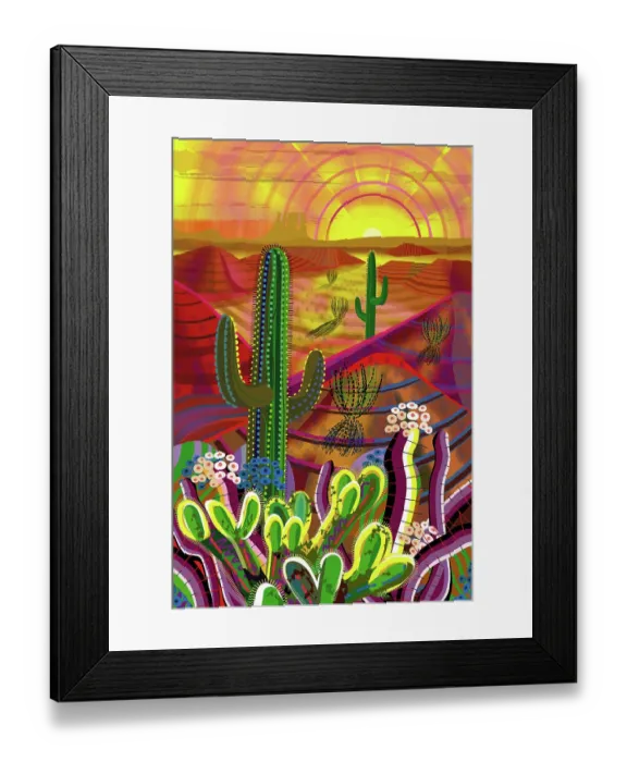 Framed Print : Desert, Saguaro Cactus, Mountains Landscape Illustration in warm sunset sunrise colors Framed Print : Desert, Saguaro Cactus, Mountains Landscape Illustration in warm sunset sunrise colors