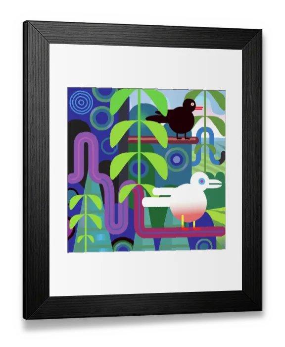 Framed Print : Jungle Vector Illustration with Birds, Trees, Landscape Framed Print : Jungle Vector Illustration with Birds, Trees, Landscape