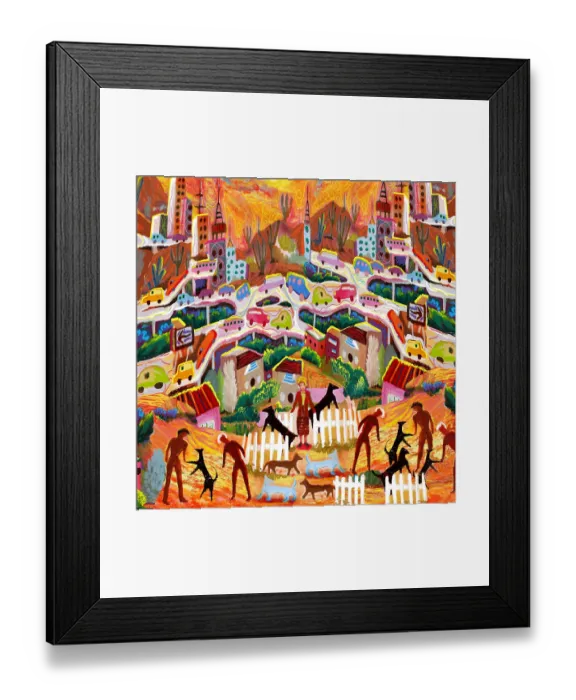 Framed Print : Busy rustic city scene in fantasy desert landscape digital painting illustration Framed Print : Busy rustic city scene in fantasy desert landscape digital painting illustration