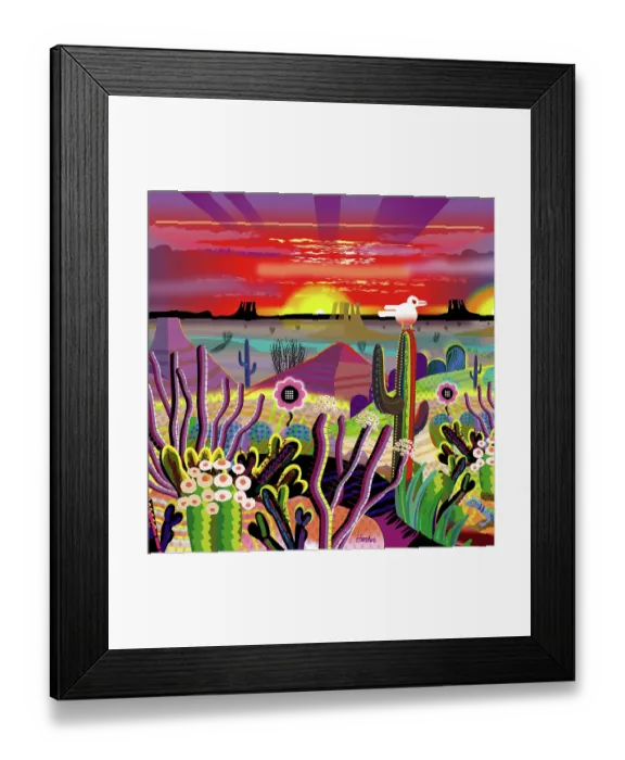 Framed Print : Fantasy Desert Cactus, Mountains Sunrise Landscape Illustration with animals and a human couple Framed Print : Fantasy Desert Cactus, Mountains Sunrise Landscape Illustration with animals and a human couple