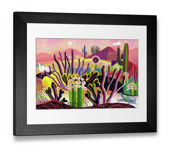 Framed Print : Pink Desert, Cactus, Mountains in distance Landscape Fantasy Illustration Framed Print : Pink Desert, Cactus, Mountains in distance Landscape Fantasy Illustration