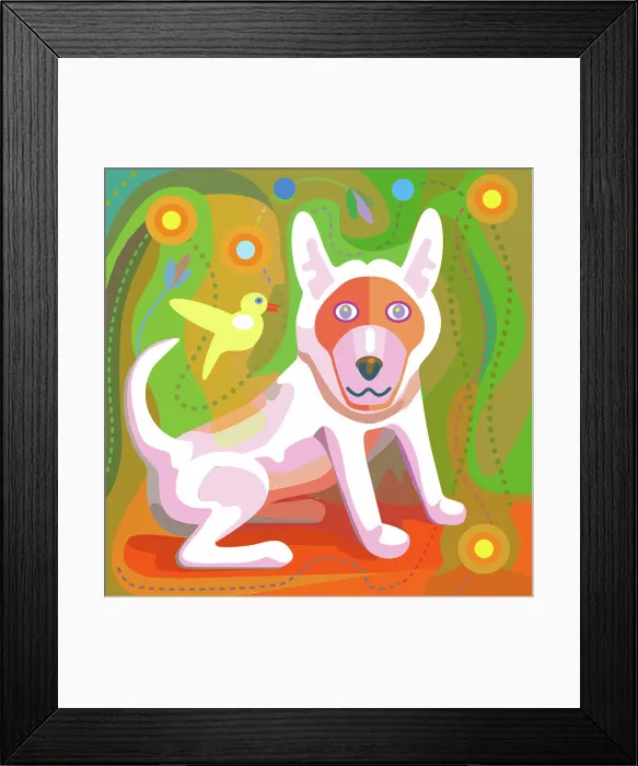 Framed Print : Illustration of a White Dog with green background Framed Print : Illustration of a White Dog with green background