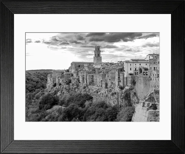 Framed Print : Panoramic view of the medieval town of Pitigliano, black and white photograph, Pitigiliano, Tuscany, Italy Framed Print : Panoramic view of the medieval town of Pitigliano, black and white photograph, Pitigiliano, Tuscany, Italy