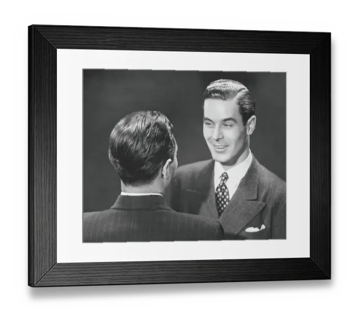 Framed Print : Two men in full suits talking in studio, (B&W), elevated view Framed Print : Two men in full suits talking in studio, (B&W), elevated view
