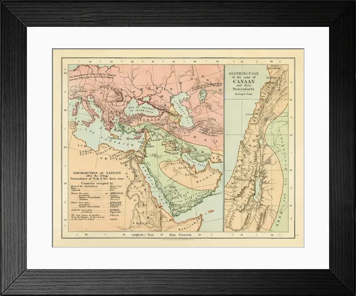 Framed Print : Maps of the Distribution of Nations after the Deluge with Descendants of Noah and the Distribution of the Sons of Canaan Framed Print : Maps of the Distribution of Nations after the Deluge with Descendants of Noah and the Distribution of the Sons of Canaan