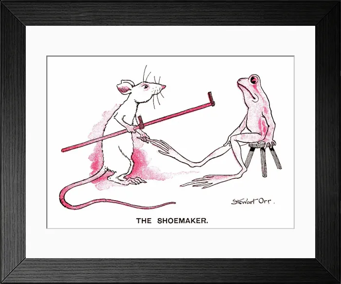 Framed Print : Shoemaker mouse measuring a frog's foot Framed Print : Shoemaker mouse measuring a frog's foot