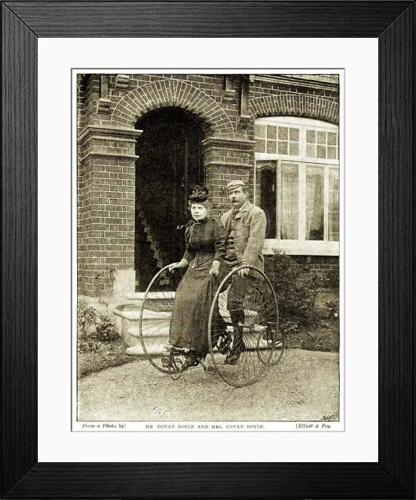 Framed Print : Dr and Mrs Conan Doyle on their tricycle outside their home in South Norwood, London Framed Print : Dr and Mrs Conan Doyle on their tricycle outside their home in South Norwood, London