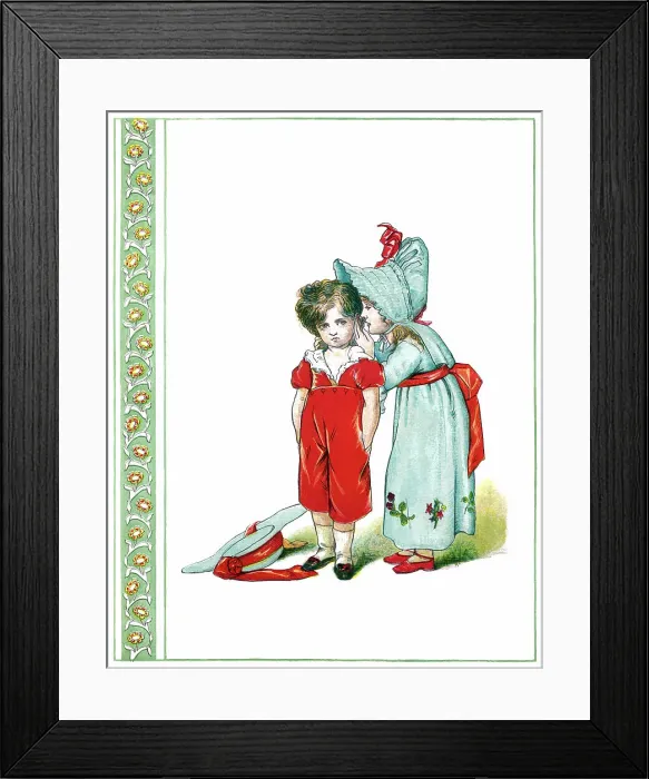 Framed Print : Nineteenth century girl whispering to a little boy Framed Print : Nineteenth century girl whispering to a little boy