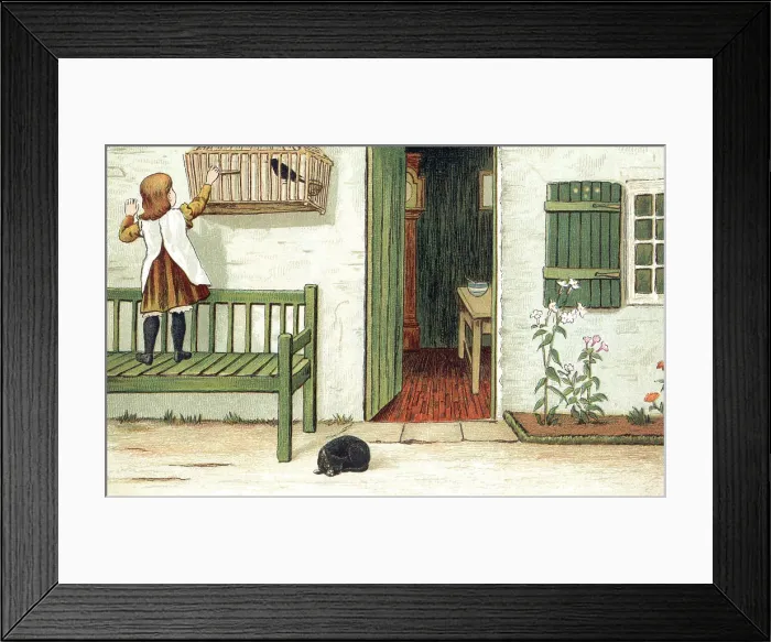 Framed Print : Little Victorian girl with her pet bird and cat