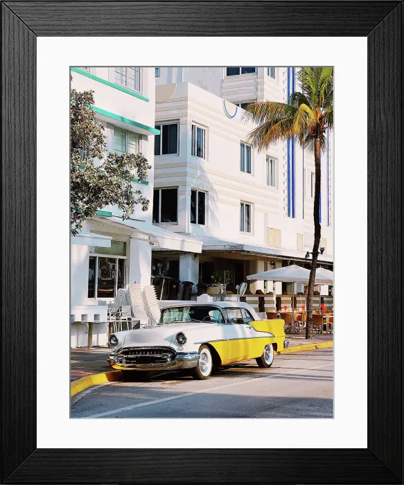 Framed Print : Yellow vintage car on Ocean Drive road, South Beach, Miami, USA Framed Print : Yellow vintage car on Ocean Drive road, South Beach, Miami, USA
