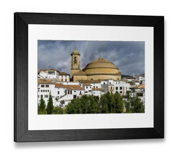 Framed Print : Bell tower and domed roof of Iglesia de la Encarnacion church with white houses below Framed Print : Bell tower and domed roof of Iglesia de la Encarnacion church with white houses below