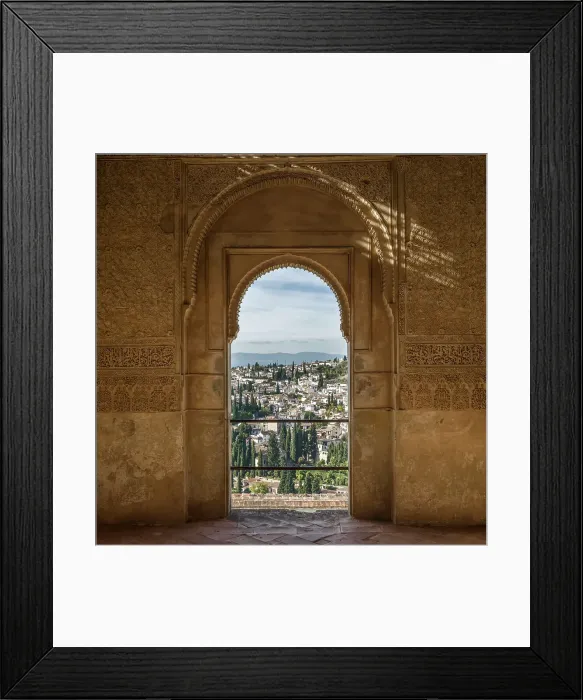 Framed Print : Ornate detail on an interior wall facade with a view of the town of Granada Framed Print : Ornate detail on an interior wall facade with a view of the town of Granada