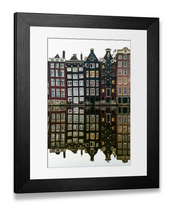 Framed Print : Building facades with a mirror image reflecting in a canal Framed Print : Building facades with a mirror image reflecting in a canal