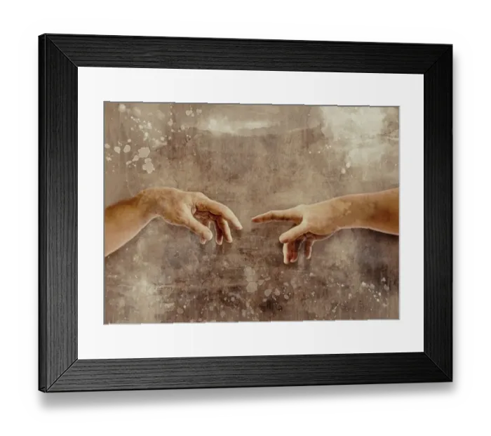 Framed Print : Two hands touching with fingers Michelangelo the creation of Adam watercolor illustration Framed Print : Two hands touching with fingers Michelangelo the creation of Adam watercolor illustration