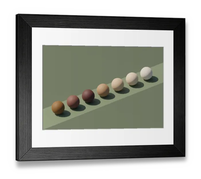 Framed Print : Spheres arranged in line in different skin tones Framed Print : Spheres arranged in line in different skin tones