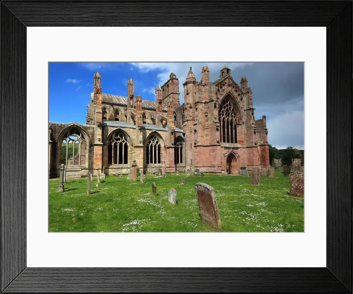 Framed Print : Melrose Abbey, Melrose Abbey, built around 1136, gravestones, Scotland, Great Britain