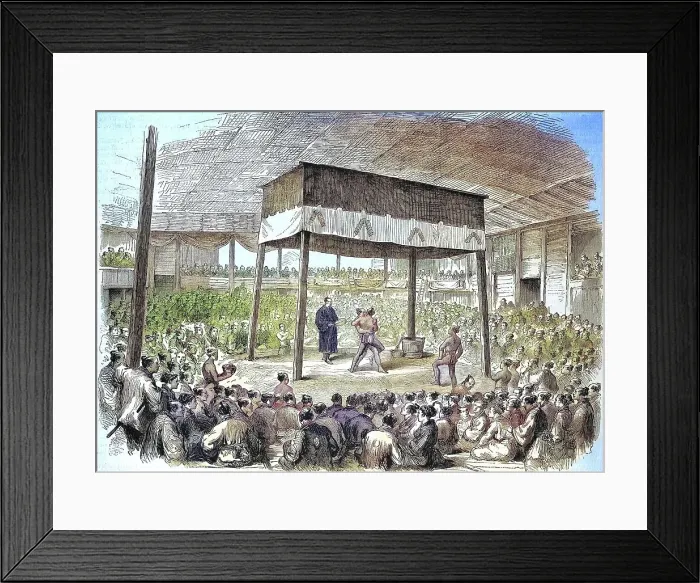 Framed Print : Wrestler at a competition in Osaka, 1868, Japan, Historic, digitally restored reproduction of an original 19th century print, exact original date unknown Framed Print : Wrestler at a competition in Osaka, 1868, Japan, Historic, digitally restored reproduction of an original 19th century print, exact original date unknown