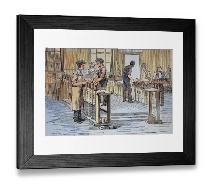 Framed Print : Canning factory of Thurber & Co in Moorestown, c. 1880, New Jersey, USA, here closing the cans, Historic, digitally restored reproduction of a 19th century original Framed Print : Canning factory of Thurber & Co in Moorestown, c. 1880, New Jersey, USA, here closing the cans, Historic, digitally restored reproduction of a 19th century original