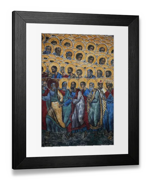 Framed Print : Frescoes on the outer wall. The Voronet Monastery, Manastirea Voronet, is located near the town of Gura Humorului in the village of Voronet Framed Print : Frescoes on the outer wall. The Voronet Monastery, Manastirea Voronet, is located near the town of Gura Humorului in the village of Voronet