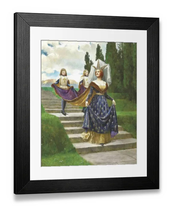 Framed Print : A queen in medieval dress strides down the stairs, accompanied by two servants in a magnificent natural setting