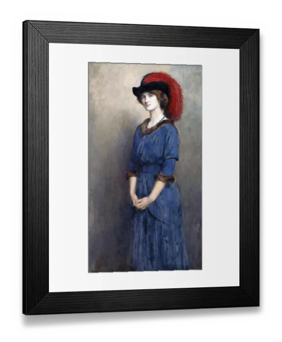 Framed Print : Portrait of a woman in a blue dress with a red hat and pearl necklace, melancholic and elegant Framed Print : Portrait of a woman in a blue dress with a red hat and pearl necklace, melancholic and elegant