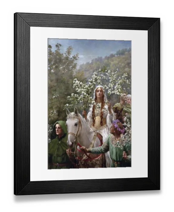 Framed Print : A woman in medieval dress rides a white horse holding flowering branches, surrounded by people in green cloaks in a natural landscape