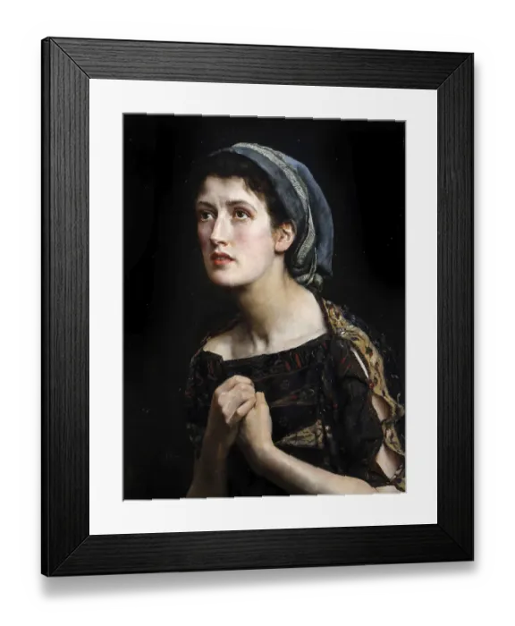 Framed Print : A woman wearing a headscarf holds her hands folded, looking upwards pensively, with a dark background framing her face and emphasising her expression Framed Print : A woman wearing a headscarf holds her hands folded, looking upwards pensively, with a dark background framing her face and emphasising her expression