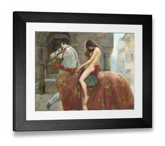 Framed Print : A naked woman rides a white horse through a medieval town, the horse wears a red and gold scarf Framed Print : A naked woman rides a white horse through a medieval town, the horse wears a red and gold scarf