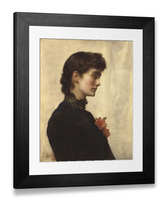 Framed Print : A portrait of a woman in profile with black clothing and a red flower against an ivory-coloured background Framed Print : A portrait of a woman in profile with black clothing and a red flower against an ivory-coloured background