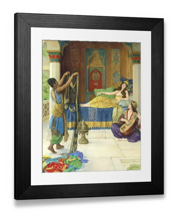 Framed Print : An oriental scene with a woman resting on a bed, a servant holding a robe, and another woman playing a lute Framed Print : An oriental scene with a woman resting on a bed, a servant holding a robe, and another woman playing a lute