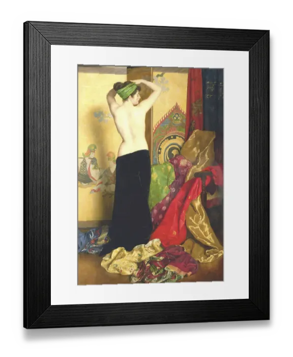 Framed Print : A woman in back view, covering her head with a green cloth, surrounded by artfully draped, colourful fabrics in a traditional room Framed Print : A woman in back view, covering her head with a green cloth, surrounded by artfully draped, colourful fabrics in a traditional room