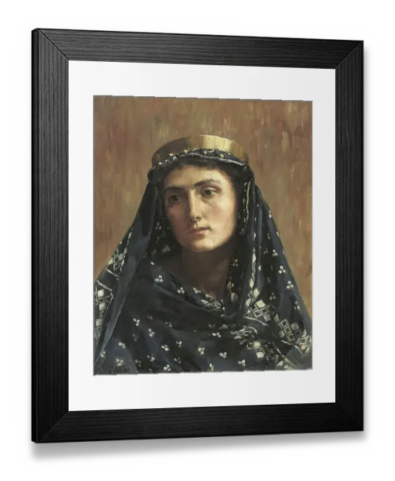 Framed Print : A portrait of a woman with a veil and golden headdress, looking thoughtfully into the distance Framed Print : A portrait of a woman with a veil and golden headdress, looking thoughtfully into the distance