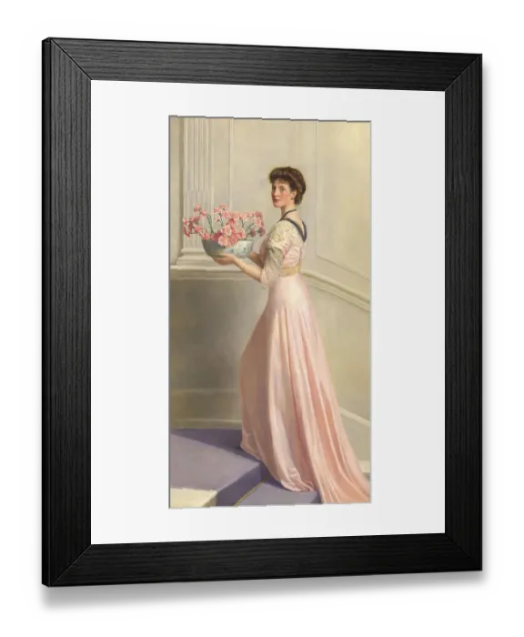 Framed Print : An elegant woman in a long pink dress stands on a staircase holding a bowl of pink carnations Framed Print : An elegant woman in a long pink dress stands on a staircase holding a bowl of pink carnations