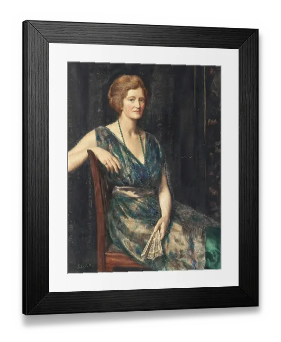 Framed Print : A woman in elegant dress sits in an armchair and holds a fan Framed Print : A woman in elegant dress sits in an armchair and holds a fan