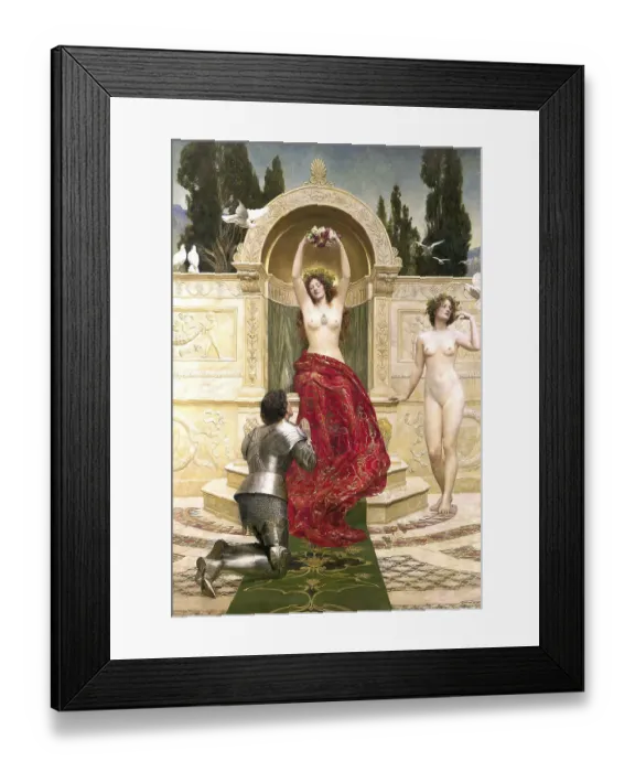 Framed Print : A man in armour kneels in front of two naked woman, one with a red cloth and the other naked, with mythological and antique elements Framed Print : A man in armour kneels in front of two naked woman, one with a red cloth and the other naked, with mythological and antique elements