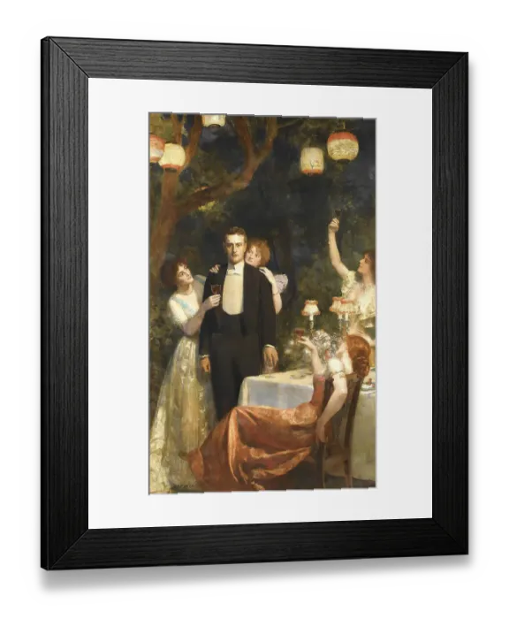 Framed Print : A man in a suit is surrounded by woman celebrating at a dinner with lanterns Framed Print : A man in a suit is surrounded by woman celebrating at a dinner with lanterns