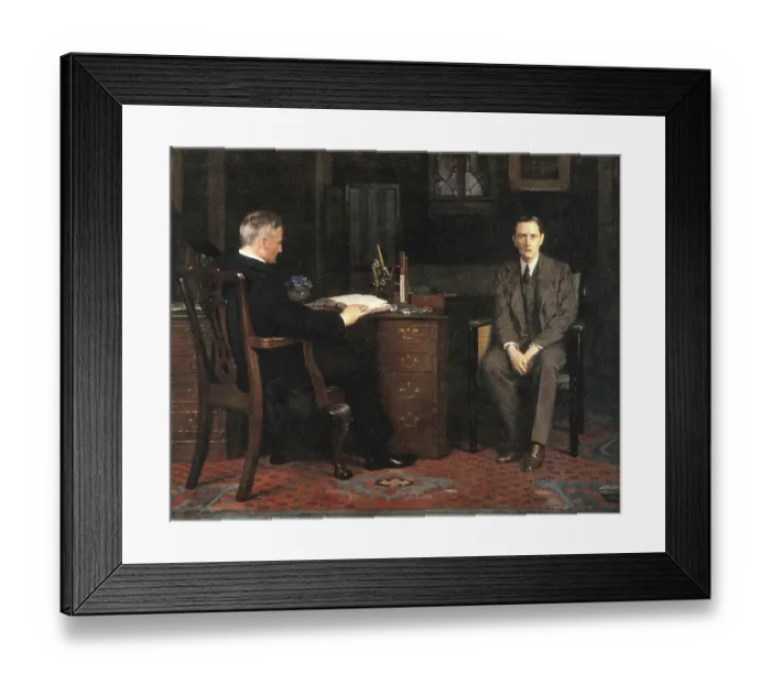 Framed Print : Two men are in an office, one sitting at a desk and the other on a chair, engrossed in a conversation Framed Print : Two men are in an office, one sitting at a desk and the other on a chair, engrossed in a conversation