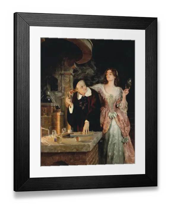 Framed Print : An alchemist and a woman in elaborate clothing stand in a medieval laboratory, surrounded by chemical utensils and a mystical atmosphere Framed Print : An alchemist and a woman in elaborate clothing stand in a medieval laboratory, surrounded by chemical utensils and a mystical atmosphere