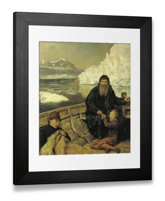 Framed Print : A man and a boy sit in a small boat in a cold, icy landscape