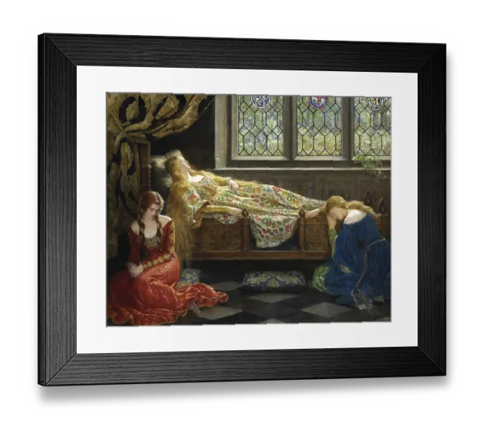 Framed Print : A woman sleeps on an ornately decorated bed while two other woman sit beside her