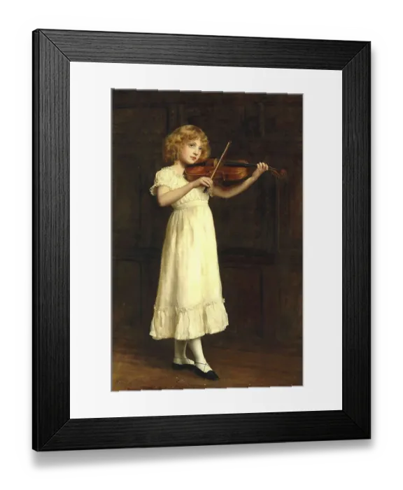 Framed Print : A young girl in a white dress plays the violin in a wood-panelled room Framed Print : A young girl in a white dress plays the violin in a wood-panelled room