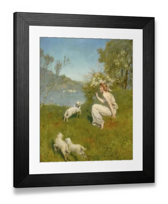 Framed Print : A woman sits in a meadow with flowering trees while sheep wander around