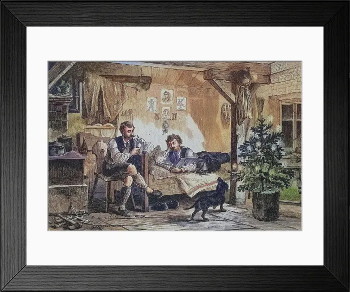 Framed Print : Hunter's Christmas in the high mountains, one man lying on a bed and reading a book, the other sitting on a chair and smoking a pipe, Jaegerzimmer, Austria, around 1885, Historical, digitally restored reproduction from a 19th century original Framed Print : Hunter's Christmas in the high mountains, one man lying on a bed and reading a book, the other sitting on a chair and smoking a pipe, Jaegerzimmer, Austria, around 1885, Historical, digitally restored reproduction from a 19th century original