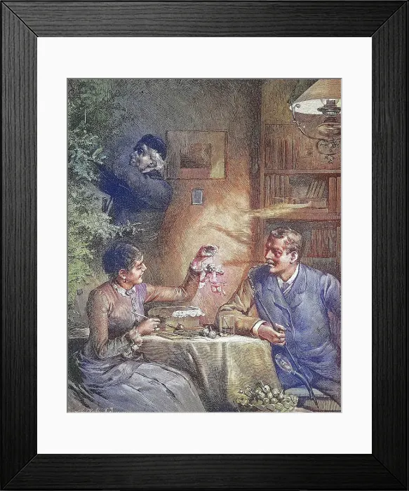 Framed Print : Couple preparing for Christmas Eve, the woman painting Christmas tree decorations, angel, man smoking a pipe, at home, Germany, around 1885, Historic, digitally restored reproduction from a 19th century original, Couple preparing for Christmas Eve