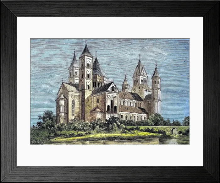 Framed Print : Maria Laach Abbey is a Benedictine abbey situated on the southwestern shore of the Laacher See, Lake Laach, near Andernach, in the Eifel region of the Rhineland-Palatinate, Germany, Reproduction of a picture, woodcut from 1881, digitally restored Framed Print : Maria Laach Abbey is a Benedictine abbey situated on the southwestern shore of the Laacher See, Lake Laach, near Andernach, in the Eifel region of the Rhineland-Palatinate, Germany, Reproduction of a picture, woodcut from 1881, digitally restored