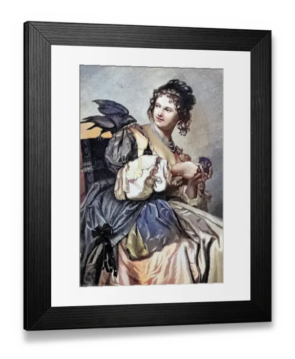 Framed Print : The picture is what do you want ?, girl with an apple and a bird looks curiously over the shoulder, after his painting on wood drawn by Jul Framed Print : The picture is what do you want ?, girl with an apple and a bird looks curiously over the shoulder, after his painting on wood drawn by Jul
