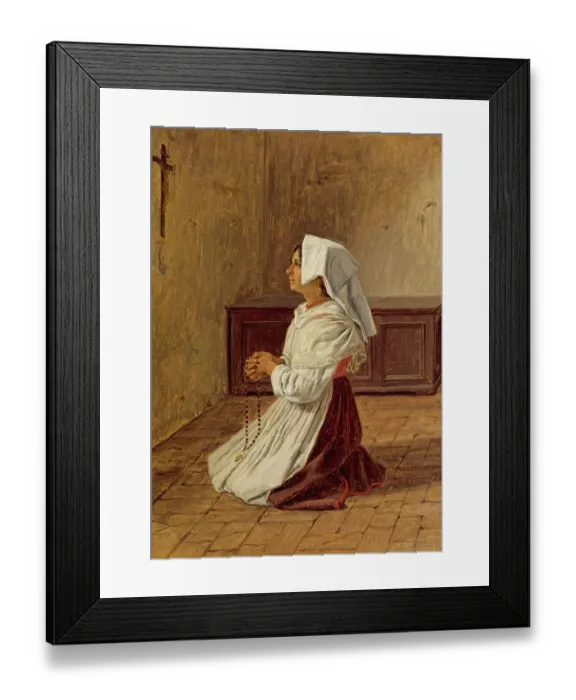 Framed Print : A woman prays on her knees in front of a cross on the wall, 1836, Italy, painting by Martinus Rorbye, Historic, digitally restored reproduction from a 19th century original