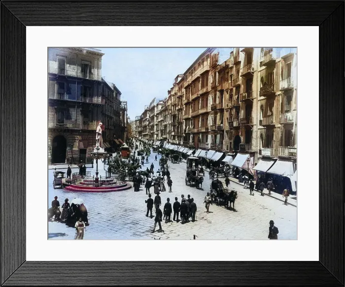 Framed Print : View of Via Roma in Naples with a statue, shops, horse-drawn carriages and passers-by, 1870, Italy, Historic, digitally restored reproduction of a photograph by Giorgio Sommer, coloured Framed Print : View of Via Roma in Naples with a statue, shops, horse-drawn carriages and passers-by, 1870, Italy, Historic, digitally restored reproduction of a photograph by Giorgio Sommer, coloured