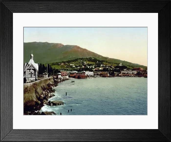 Framed Print : Coastal Panorama, Boulevard, Gurzuf, Street, Yalta, Crimea, Russia, Ukraine, c. 1890, Historic, digitally enhanced reproduction of a photochrome print of the period Framed Print : Coastal Panorama, Boulevard, Gurzuf, Street, Yalta, Crimea, Russia, Ukraine, c. 1890, Historic, digitally enhanced reproduction of a photochrome print of the period