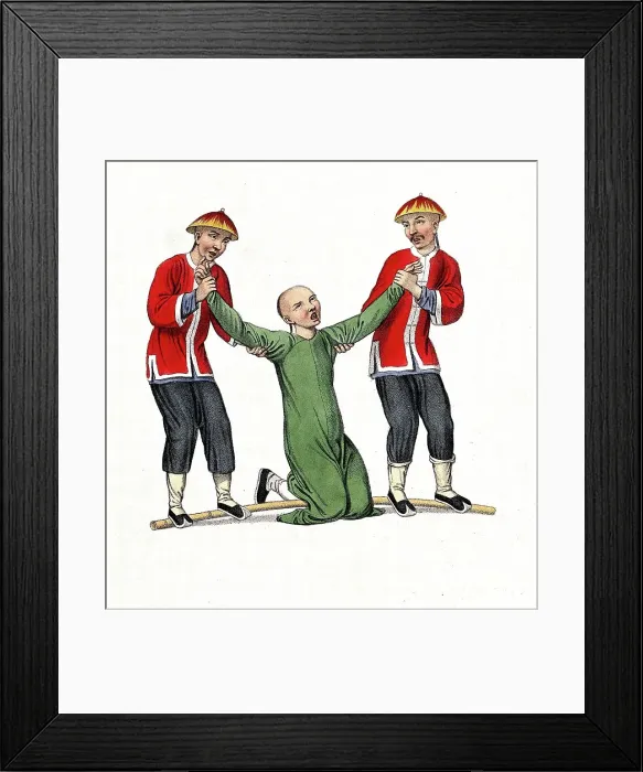 Framed Print : Torture, Punishment, Punishment, A Chinese man with his hands bound in a wooden grid kneels on the ground and is surrounded by two men with a long stick and one man with a rope, c. 1810, China, Historical, digitally restored reproduction from a 19th Framed Print : Torture, Punishment, Punishment, A Chinese man with his hands bound in a wooden grid kneels on the ground and is surrounded by two men with a long stick and one man with a rope, c. 1810, China, Historical, digitally restored reproduction from a 19th
